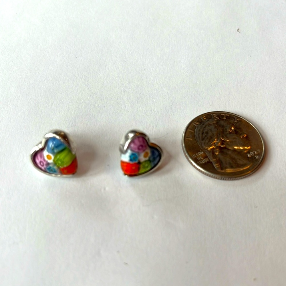Beautiful Murano glass millefiore and sterling silver heart earrings